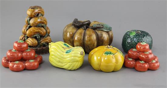 Seven Chinese porcelain and pottery models of fruit, 19th century, height 6cm - 14cm